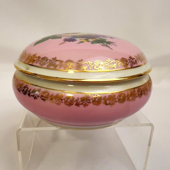 Limoges France Vintage Porcelain Trinket Box Pink Floral Vanity Dish Gold Trim - Picture 7 of 11